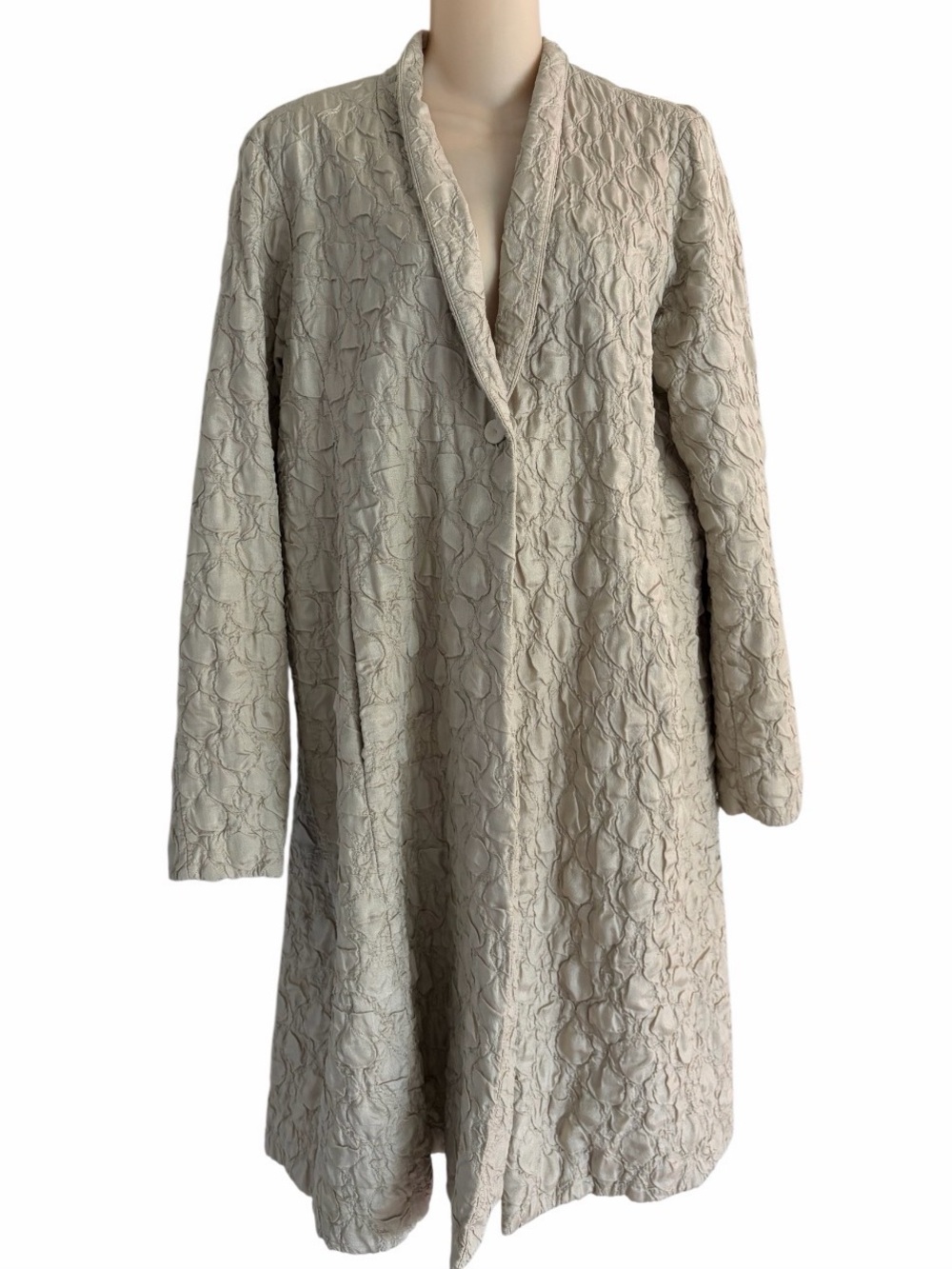 Eileen Fisher Silk Single Button Lined Crinkle Jacket Size Large Knee Length